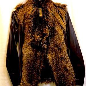 Brown leather, faux fur trim coat with leather belt. Worn a few times, like new.